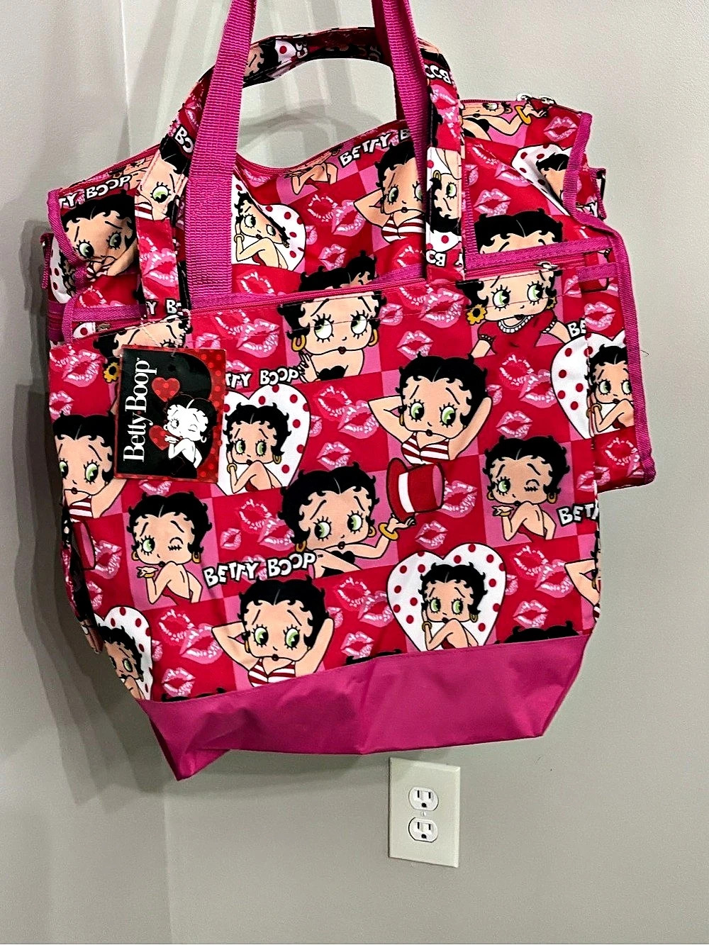 Betty Boop Pink Lips Check Print Duffel and Tote Travel Set Tote Set